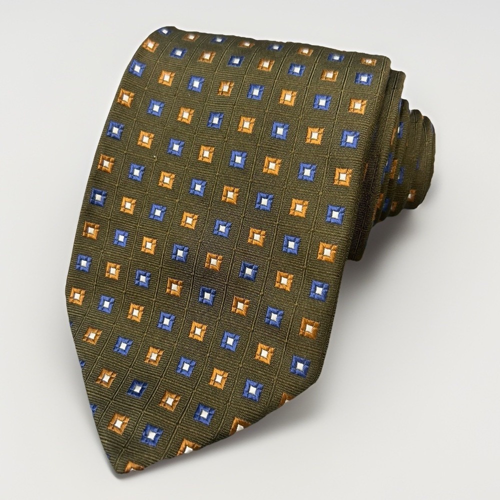 Hart Schaffner Marx Silk Tie Geometric Foulard Olive Blue Gold USA 63" x 3.75"